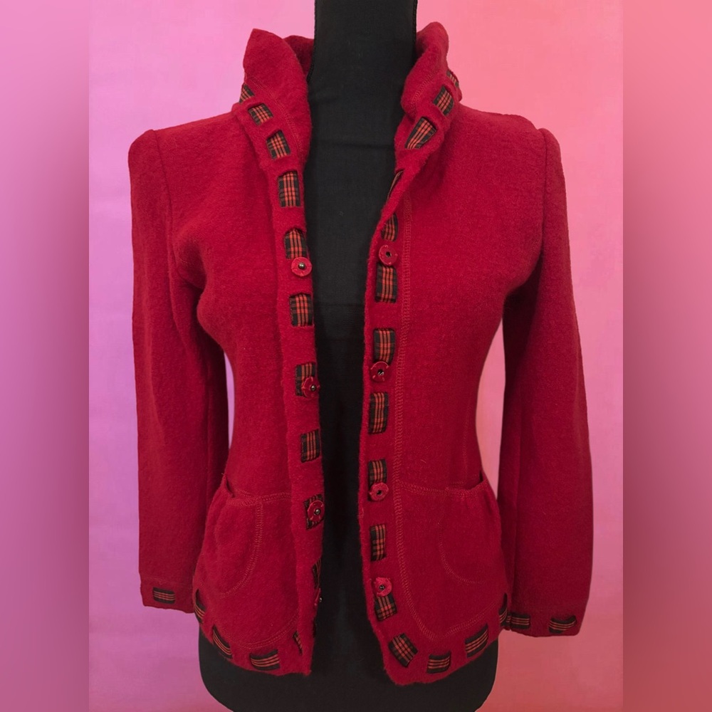 Vintage 90s Y2K Red Wool Button-Up Jacket Cardigan w/ Black Plaid Trim - XS - Picture 3 of 14